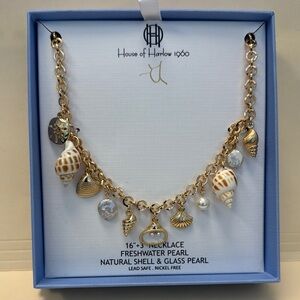 HOUSE OF HARLOW Natural Shell Freshwater/Glass Pearl & Gold Tone Charm Necklace